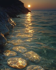 Wall Mural - Moonlit beach stones and swirling golden sand sparkle in the green sea