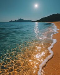 Wall Mural - Moonlit beach stones and swirling golden sand sparkle in the green sea