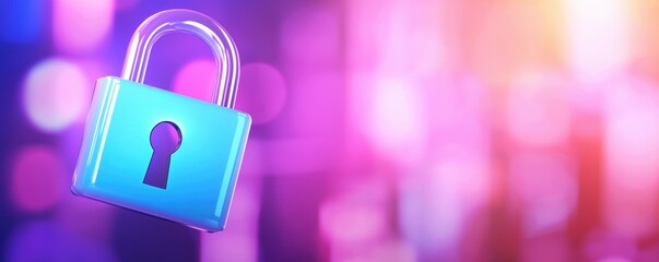 Poster - A vibrant digital padlock symbolizing security and protection, set against a colorful, blurred background.
