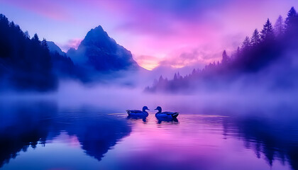 Wall Mural - Two ducks swim in a lake at dusk, mountains and trees create a moody backdrop