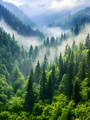 Wall Mural - Valley view Lush green forest with rolling fog, peaceful nature backdrop