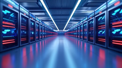 Poster - A modern data center hallway featuring rows of servers illuminated by blue and red LED lights, showcasing advanced technology and a sleek design.