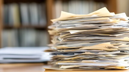 Poster - Messy stack of paper documents depicting the chaos of paperwork in a typical busy office environment : Generative AI