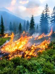 Wall Mural - Wildfire burning woodland in mountain landscape for use in news about climate change