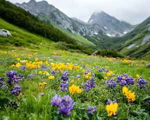 Wall Mural - Wildflowers in alpine meadow, mountains in background, nature scenery for website