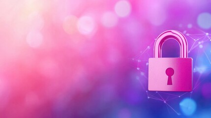 Poster - A shiny pink padlock stands against a vibrant, abstract background of purple and pink hues, representing security and protection.