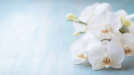 Poster - Delicate white orchid flowers arranged beautifully on a soft blue background : Generative AI