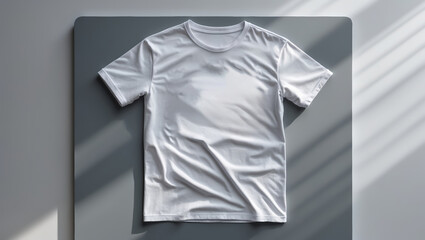 Poster - Minimalist white t-shirt displayed on a gray surface with soft sunlight and shadows creating an elegant atmosphere