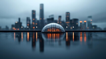 Poster - Acid rain climate change idea. A modern city skyline reflecting in water under a serene twilight sky.