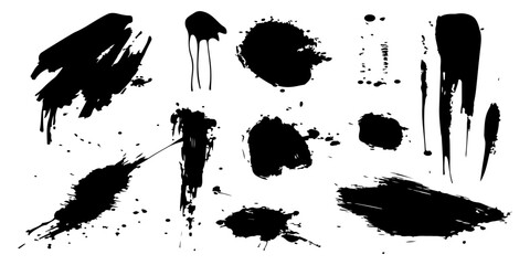 Sticker - Abstract black ink splashes and grungy brush strokes vector set on a white background