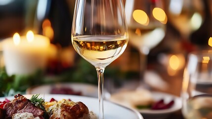 Poster - Elegant glass of white wine with delicious gourmet dish and festive atmosphere in the background : Generative AI