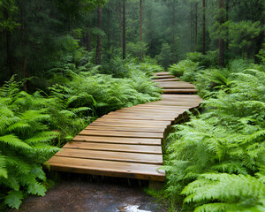 Wall Mural - Wooden boardwalk trail through fern forest. Serene nature walk. Outdoor adventure