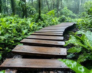 Wall Mural - Wooden path in rain forest, jungle trail, lush vegetation, tourism, explore nature