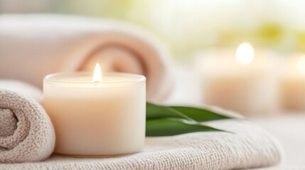Fototapete - Cozy white candle on rolled towels surrounded by a calm and elegant spa setting : Generative AI