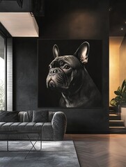 Wall Mural - Large wall art of a bulldog in a modern living room setting.