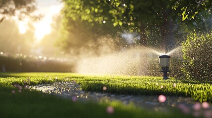 Canvas Print - Sprinkler irrigating lush green lawn at sunset.