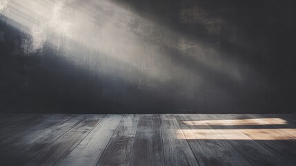 Wall Mural - Sunlight beams through dusty windows, calm rustic wooden floor, dark moody atmosphere, serene room