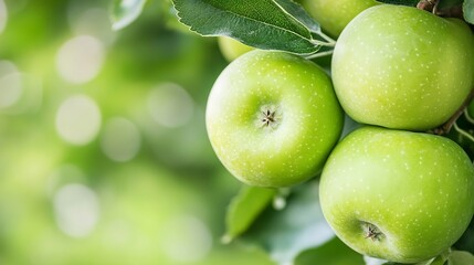 Poster - Fresh and Juicy Green Apples Hanging on a Lush Tree Branch Against a Soft Focus Background : Generative AI