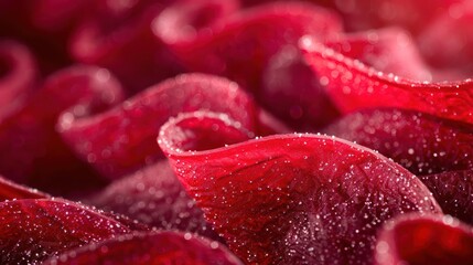 Poster - Close-up of delicate, shimmering red petals with droplets of water.