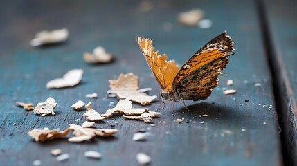 Aufkleber - Closeup view of a beautifully patterned butterfly resting on wooden surface with scattered wood chips : Generative AI