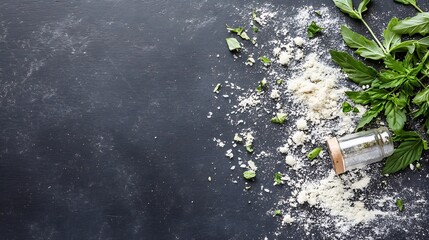 Poster - Fresh green basil leaves scattered with flour on a dark kitchen surface creating a rustic scene : Generative AI