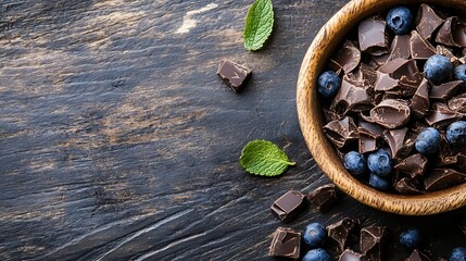 Poster - Delicious dark chocolate chunks with fresh blueberries and mint leaves in a rustic wooden bowl : Generative AI