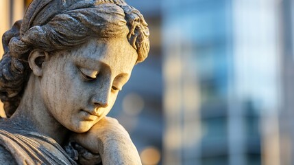 Poster - CloseUp of a Stone Statue with a Thoughtful Expression in Soft Light : Generative AI
