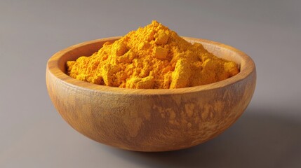 Wooden bowl filled with bright yellow turmeric powder against a gray background