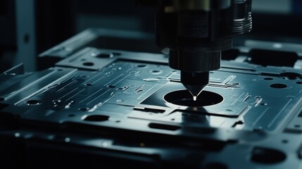 Poster - A close-up macro shot of a CNC laser cutter engraving a precise design on aluminum.