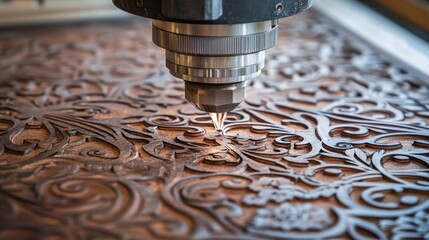 Poster - A close-up of an advanced CNC laser cutter producing intricate filigree metalwork.