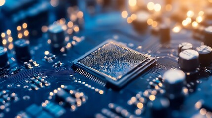 Fototapete - Closeup of a computer chip showing intricate details of technology and circuitry : Generative AI