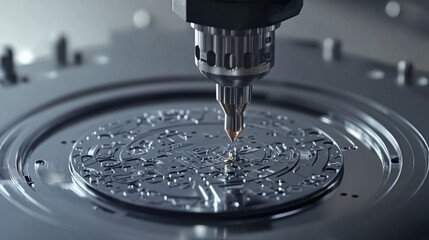 Poster - A close-up of a CNC laser cutter engraving a logo onto an industrial metal panel.