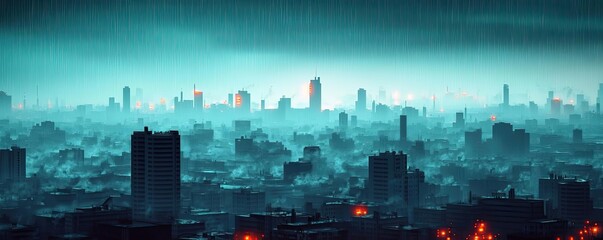 Poster - Acid rain climate change idea. A foggy city skyline illuminated by night, showcasing mystical urban architecture.