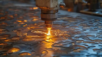 Poster - A close-up of a CNC laser cutter engraving a logo onto an industrial metal panel.
