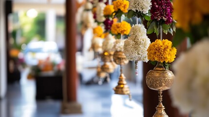 Poster - Beautiful floral decoration with marigold flowers and traditional hanging ornaments at a vibrant location : Generative AI