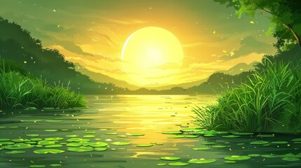Poster - A serene landscape at sunset, featuring a calm water surface and lush greenery.