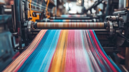 Poster - A close-up of industrial weaving machines processing multicolored threads into high-quality fabric.