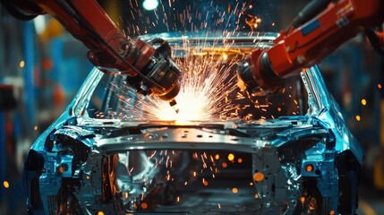 Poster - A close-up view of an industrial automotive assembly robot welding a car frame.