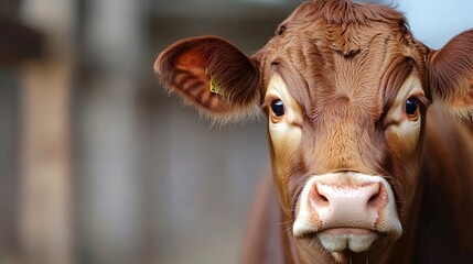 Poster - Portrait of a curious brown cow showcasing its expressive features and soulful gaze : Generative AI