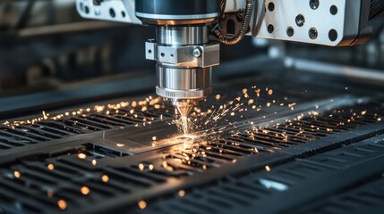 Poster - A CNC laser cutting machine processing titanium parts for industrial applications.