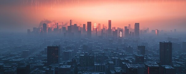 Poster - Acid rain climate change idea. Stunning city skyline at sunset with a blend of fog and vibrant colors.