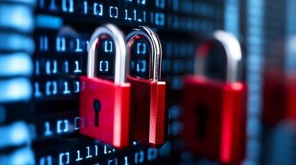 Fototapete - Closeup view of red padlocks representing cybersecurity and data protection on a digital interface : Generative AI
