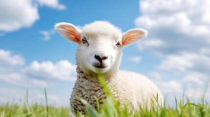Poster - Adorable fluffy sheep gazing at the camera while standing on a lush green field under bright blue sky : Generative AI