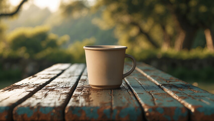 Poster - warm cup resting on a rustic table surrounded by nature in the early morning light