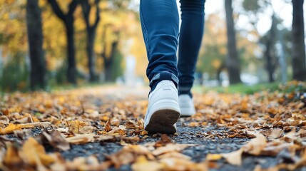 Poster - Person walking on a leafstrewn path during autumn showcasing the beauty of nature : Generative AI