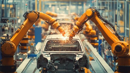Poster - A fully automated car factory featuring synchronized robots assembling vehicle parts.