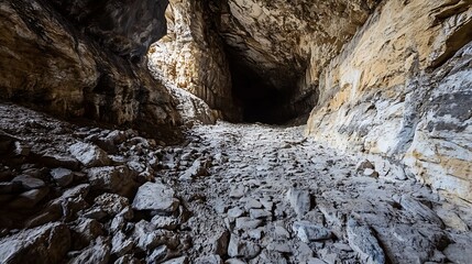 Leinwandbilder - Dark and Mysterious Cave Interior with Stony Ground and Natural Light Filtering Through : Generative AI