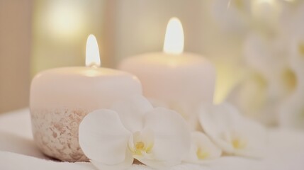 Aufkleber - Two elegant candles glowing softly with white orchids creating a warm and inviting ambiance for relaxation : Generative AI