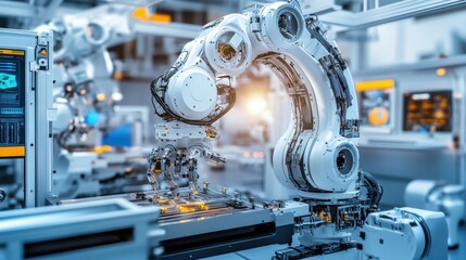 Poster - A futuristic AI-powered robotic assembly station working with high precision.