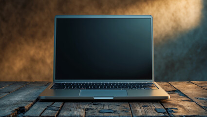 Poster - Laptop on a rustic wooden table against a soft, warm background in a cozy workspace setting